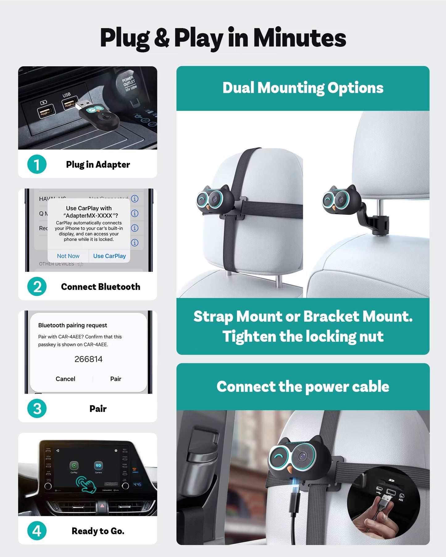 Cabin Care Wireless Carplay Adapter Baby Camera 1080P HD 150° Wide Angle View Night Vision Real Time Backseat Monitor