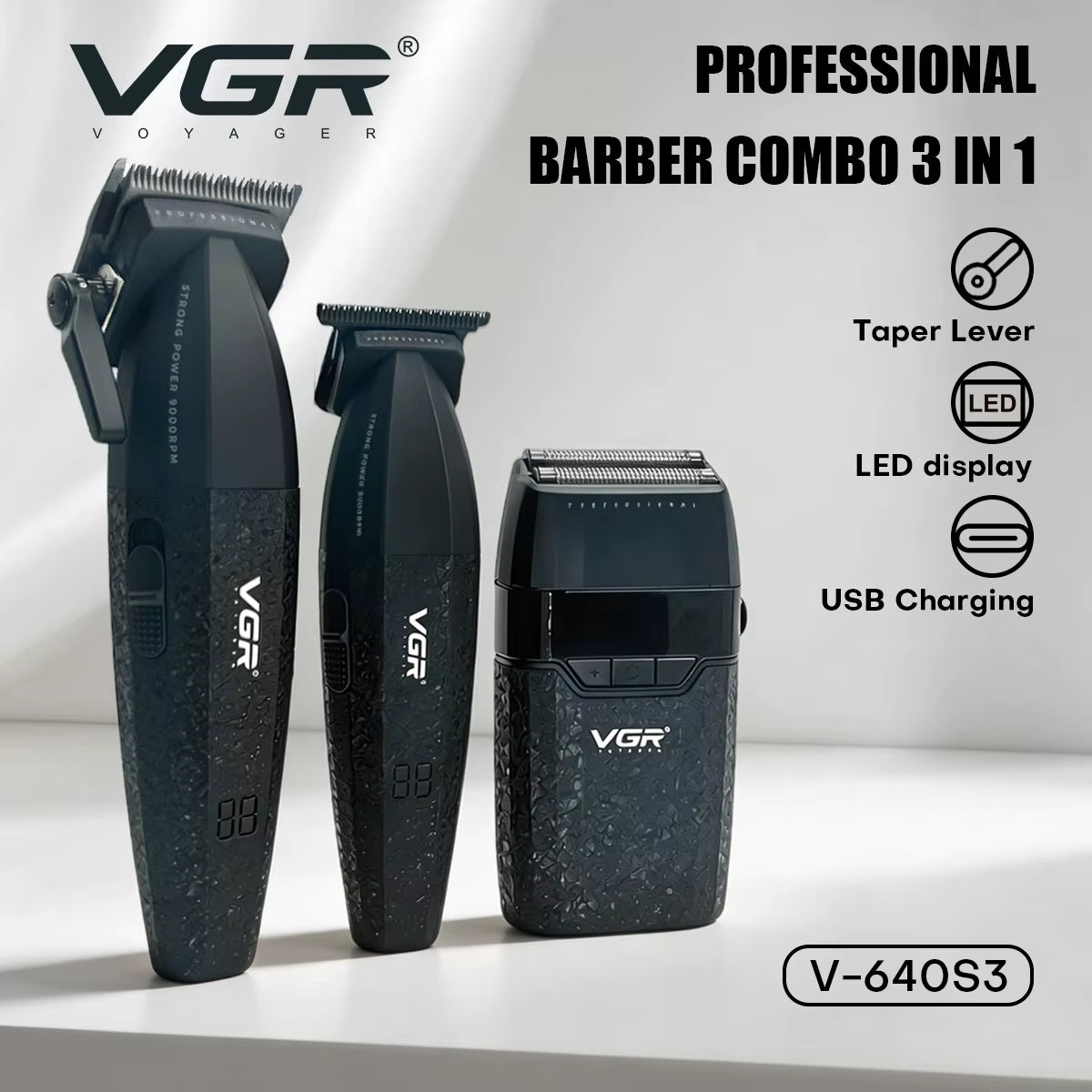 Hair Trimmer Professional Hair Clippers Adjustable Hair Cutting Machine 9000 RPM Cordless Clippers and Trimmers Set V-640 S3