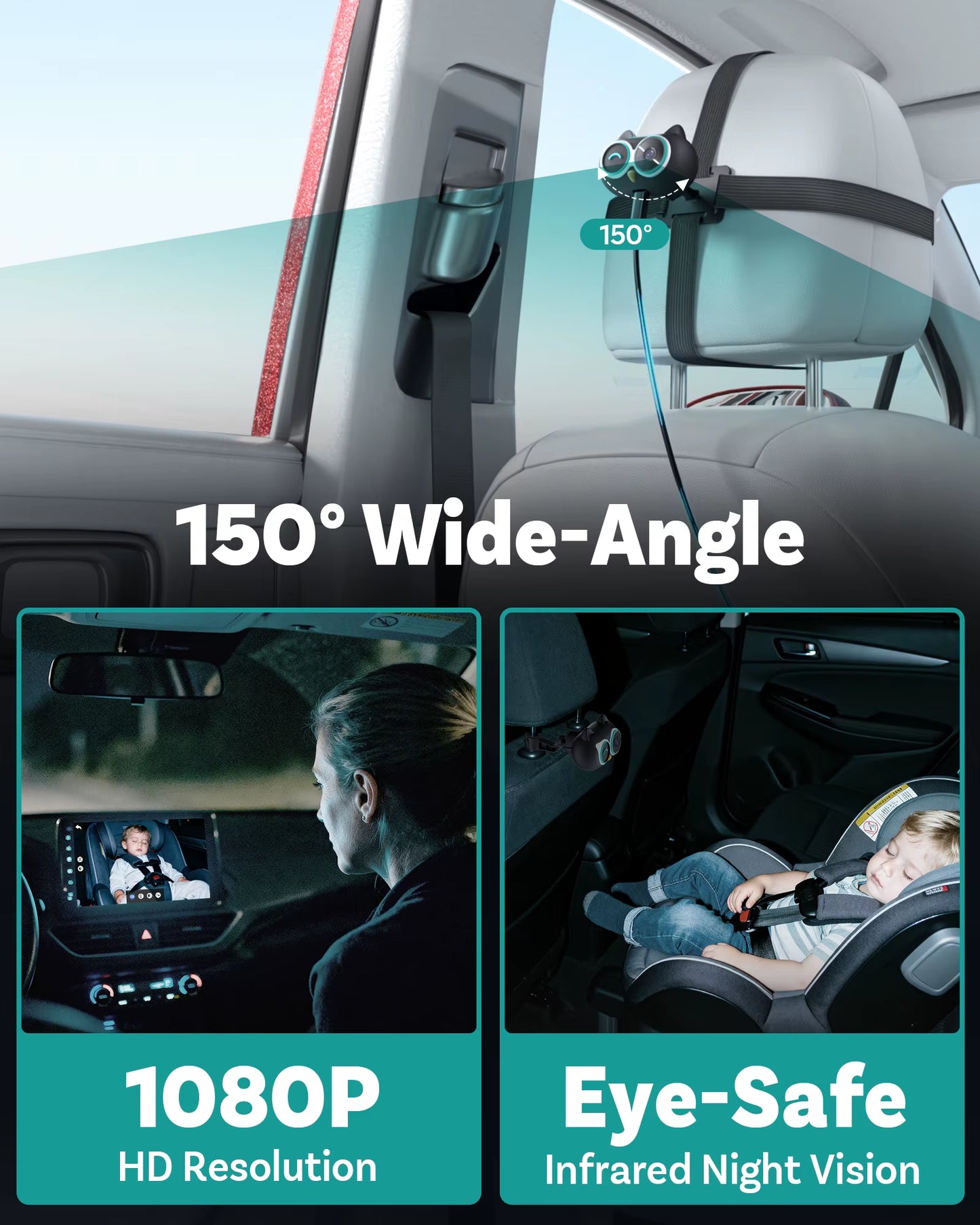 Cabin Care Wireless Carplay Adapter Baby Camera 1080P HD 150° Wide Angle View Night Vision Real Time Backseat Monitor