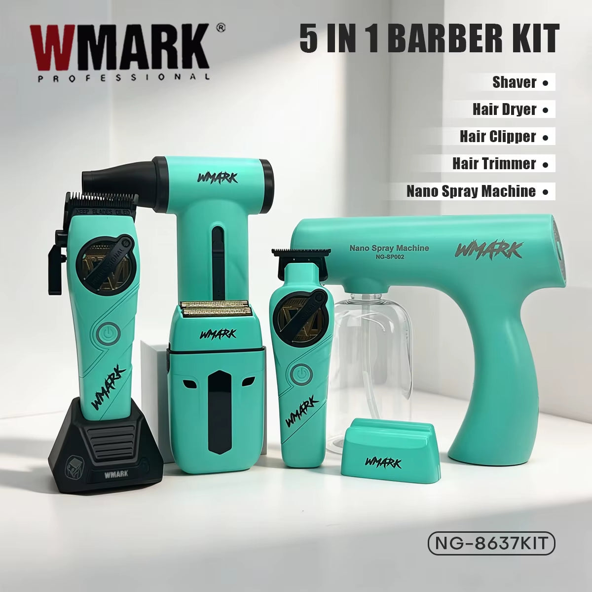Hair Trimmer 5 in 1 Barber KIT Professional Shaver Hair Dryer and Spray Bottle Adjustable Hair Trimmer for Men NG-8637 KIT