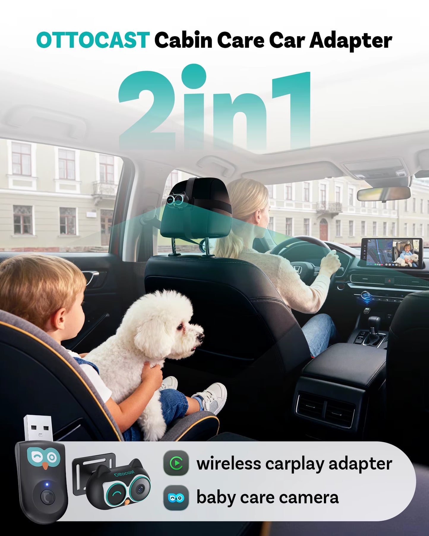 Cabin Care Wireless Carplay Adapter Baby Camera 1080P HD 150° Wide Angle View Night Vision Real Time Backseat Monitor