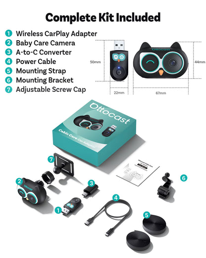 Cabin Care Wireless Carplay Adapter Baby Camera 1080P HD 150° Wide Angle View Night Vision Real Time Backseat Monitor